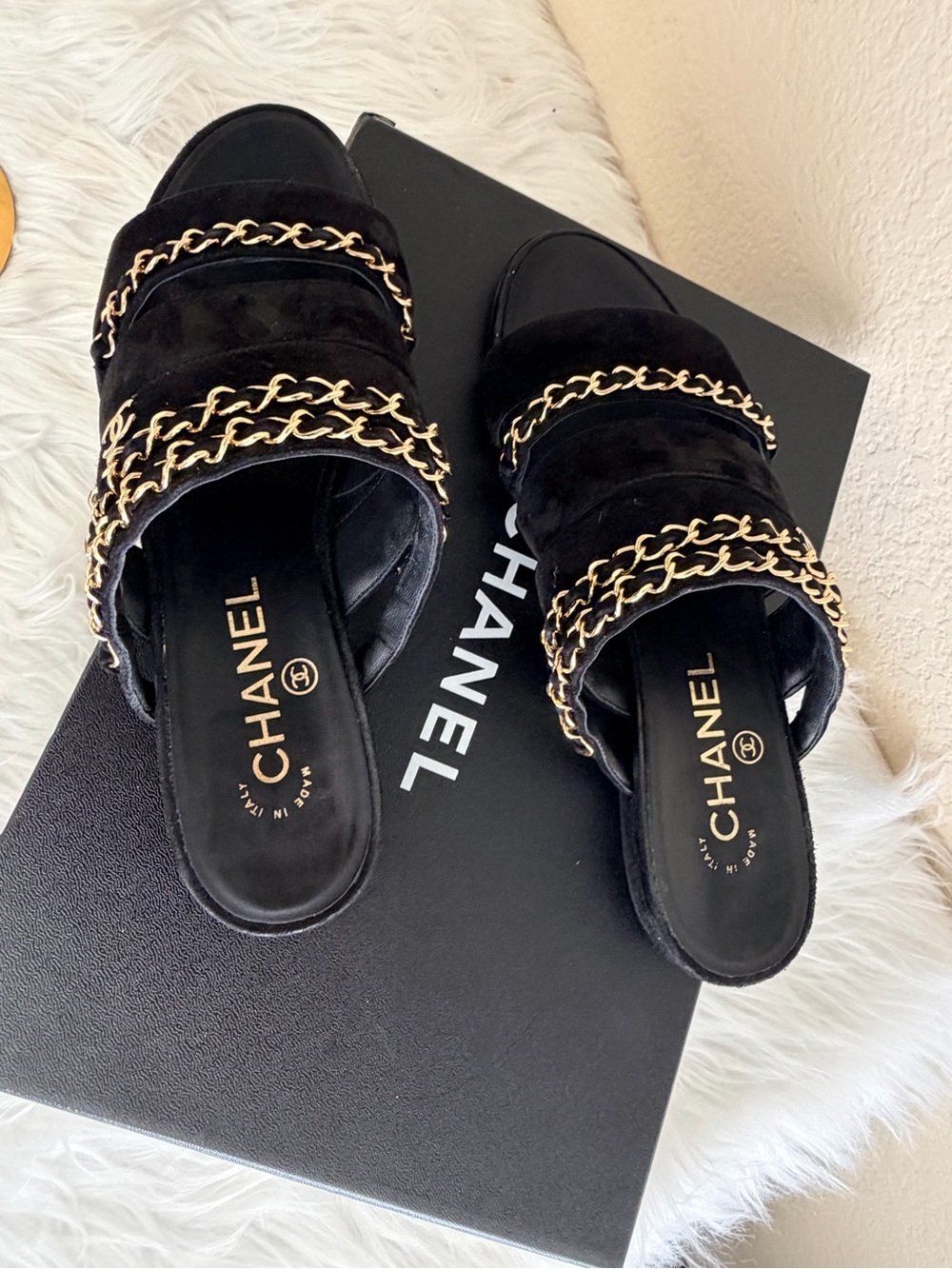 CHANEL Black Suede Chain-Trim Slide Mules - Picture 3 of 10